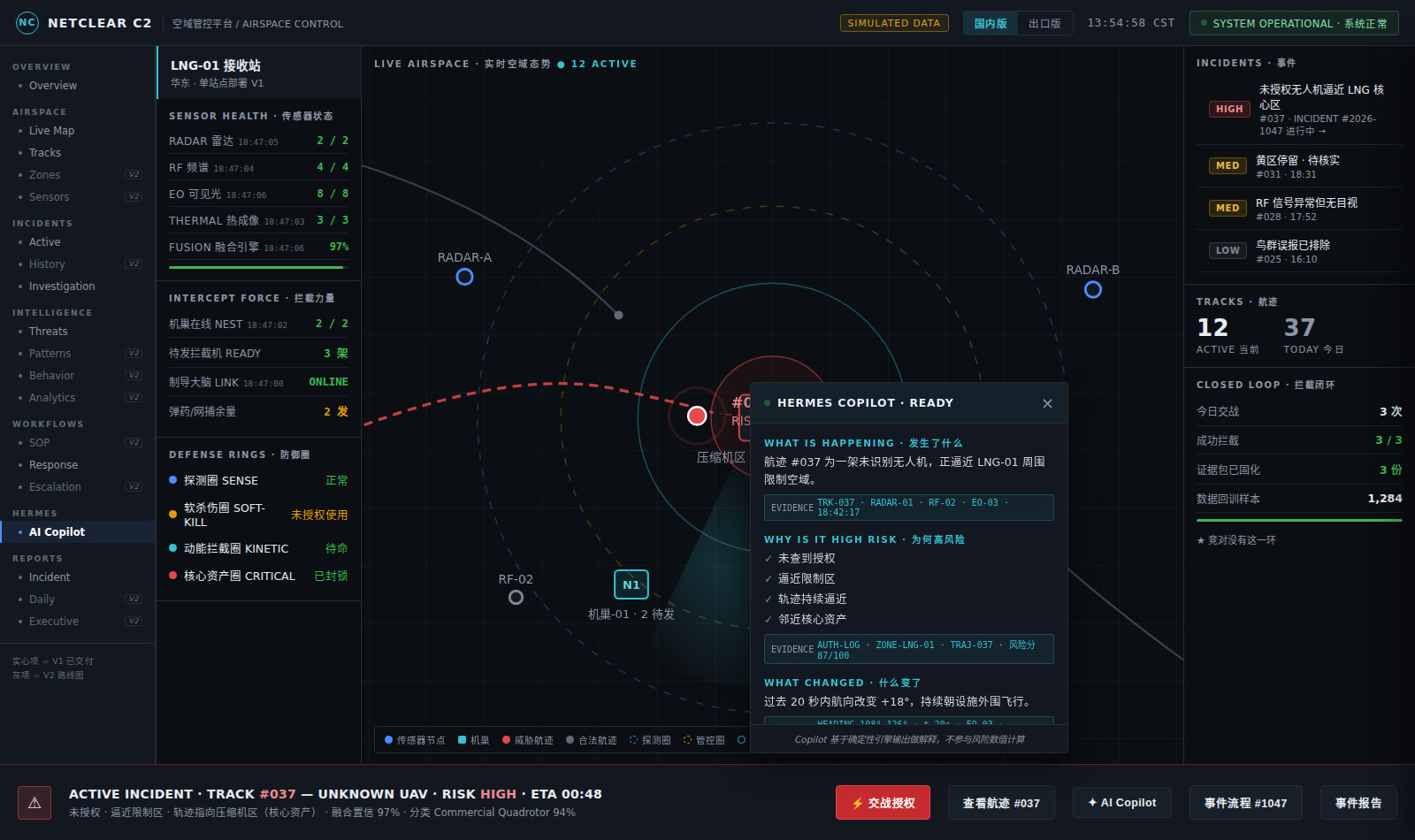 NetClear C2 AI copilot screen — operator assistant with evidence links