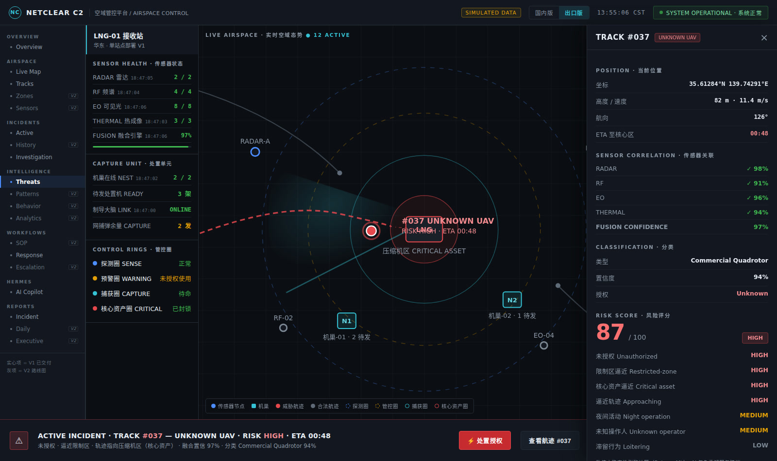NetClear C2 export edition screen — civilian airspace management interface